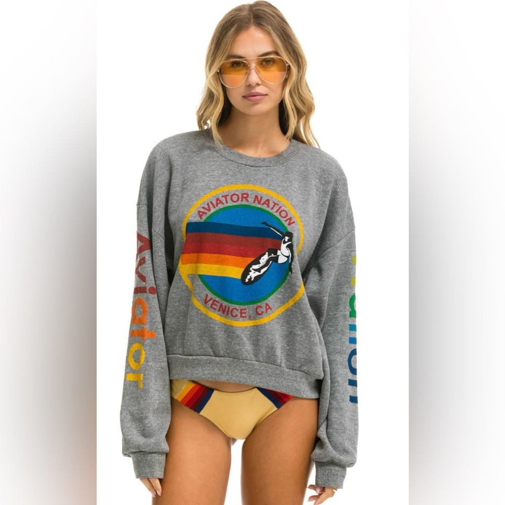 NWT AVIATOR NATION UNISEX RELAXED CREWSWEATSHIRT - HEATHER GREY Logo SZ L - Picture 3 of 12